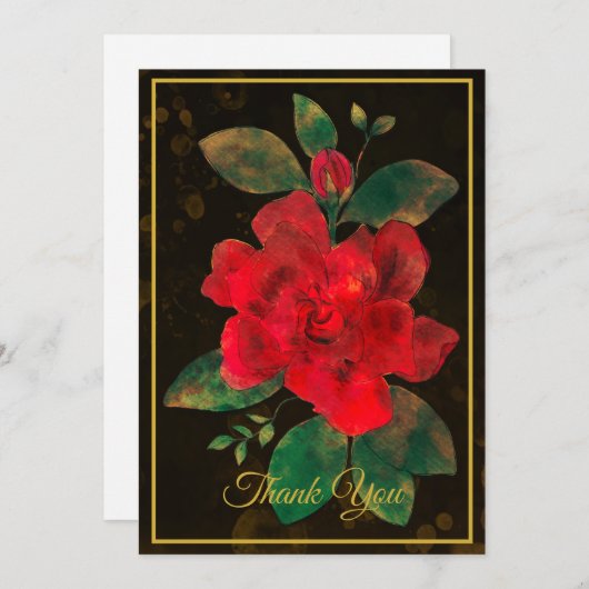ヴィンテージ金ゴールド額入り水彩赤バラ サンキューカード (正面/裏面)