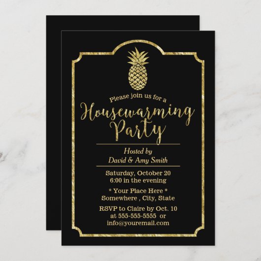 ヴィンテージ金ゴールド額縁パイナップル引っ越し祝いパーティー 招待状 (正面/裏面)