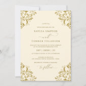 ヴィンテージ金ゴールド&クリーエレガントムフォト結婚ズ 招待状 (正面)