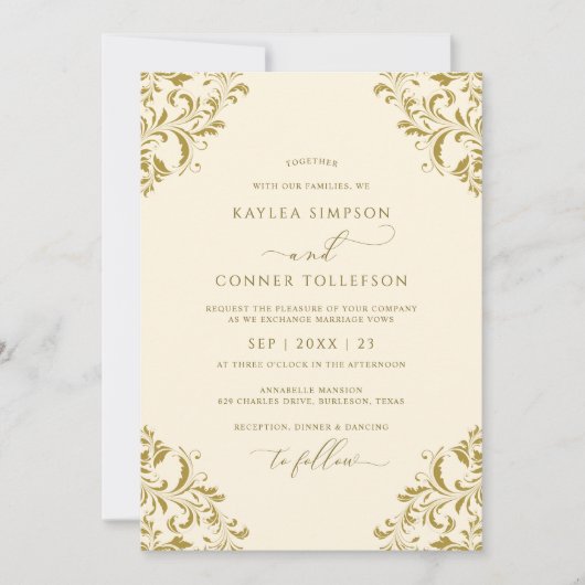 ヴィンテージ金ゴールド&クリーエレガントムフォト結婚ズ 招待状 (正面)