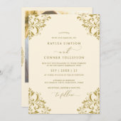 ヴィンテージ金ゴールド&クリーエレガントムフォト結婚ズ 招待状 (正面/裏面)
