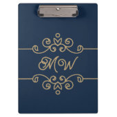 ヴィンテージ金ゴールド&ネイビーブルーフローリッシュエレガントモノグラム クリップボード (正面)