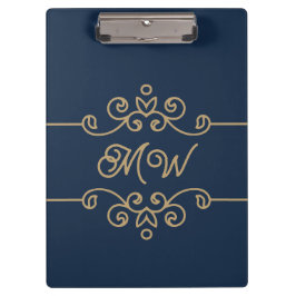 ヴィンテージ金ゴールド&ネイビーブルーフローリッシュエレガントモノグラム クリップボード