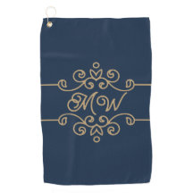 ヴィンテージ金ゴールド&ネイビーブルーフローリッシュエレガントモノグラム