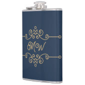 ヴィンテージ金ゴールド&ネイビーブルーフローリッシュエレガントモノグラム フラスク (左)