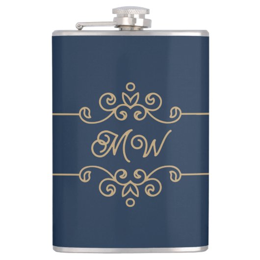 ヴィンテージ金ゴールド&ネイビーブルーフローリッシュエレガントモノグラム フラスク (正面)