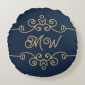 ヴィンテージ金ゴールド&ネイビーブルーフローリッシュエレガントモノグラム ラウンドクッション (正面)