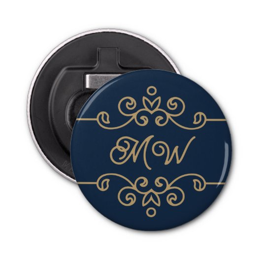 ヴィンテージ金ゴールド&ネイビーブルーフローリッシュエレガントモノグラム 栓抜き (正面)