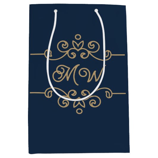 ヴィンテージ金ゴールド&ネイビーブルーフローリッシュモノグラムラグジュアリー ミディアムペーパーバッグ (正面)