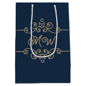 ヴィンテージ金ゴールド&ネイビーブルーフローリッシュモノグラムラグジュアリー ミディアムペーパーバッグ (裏面)