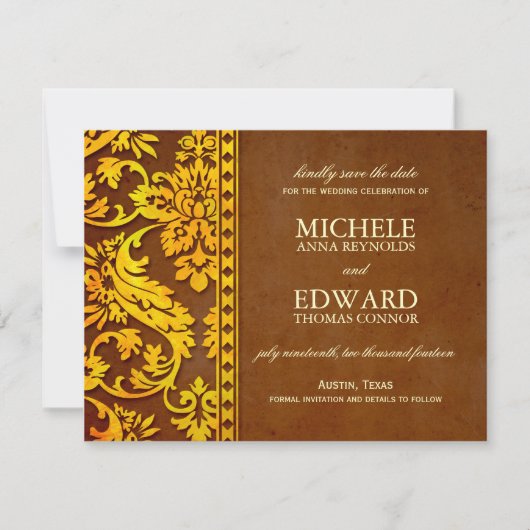 ヴィンテージ金ゴールド&ブラウンダマスクレース日付を保存 セーブザデート (正面)