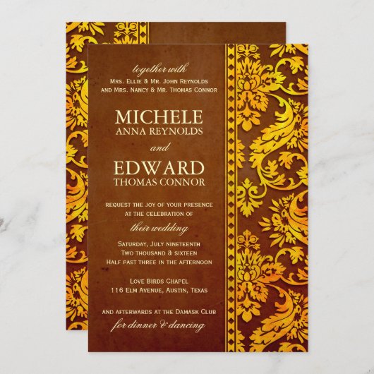 ヴィンテージ金ゴールド&ブラウンダマスレース結婚ズ 招待状 (正面/裏面)