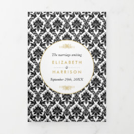 ヴィンテージ金ゴールド、ブラック&ホワイトダマスクウェディングスイート 三つ折り招待状
