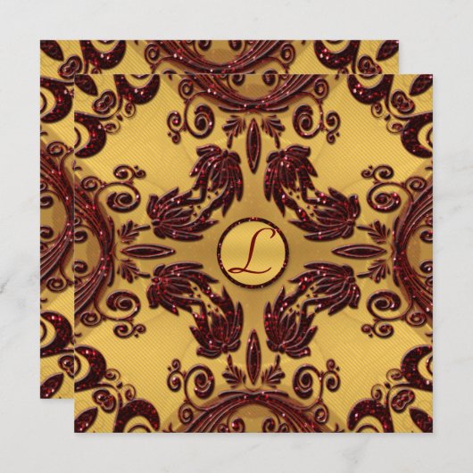 ヴィンテージ金ゴールド&深いレッドグリッター結婚フローラ 招待状 (正面/裏面)