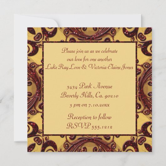 ヴィンテージ金ゴールド&深いレッドグリッター結婚フローラ 招待状 (裏面)