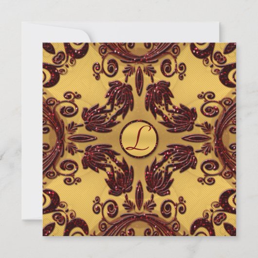 ヴィンテージ金ゴールド&深いレッドグリッター結婚フローラ 招待状 (正面)