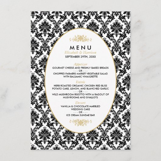 ヴィンテージ金ゴールド、白黒のダマスコウェディングメニュー メニュー (正面)