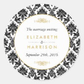 ヴィンテージ金ゴールド、白黒ダマスクの結婚式のお願い ラウンドシール (正面)