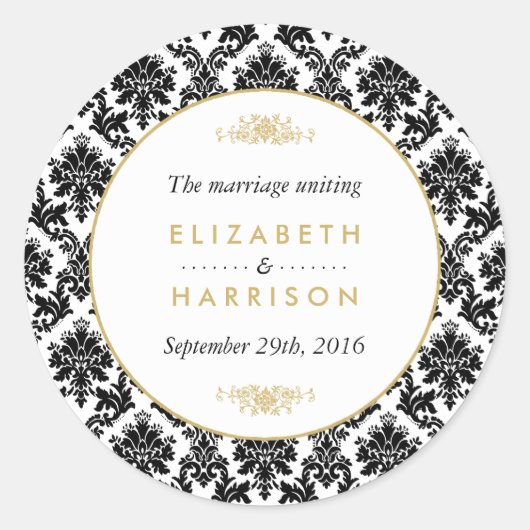 ヴィンテージ金ゴールド、白黒ダマスクの結婚式のお願い ラウンドシール (正面)