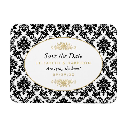 ヴィンテージ金ゴールド、白黒ダマスク日付を保存 マグネット (横)