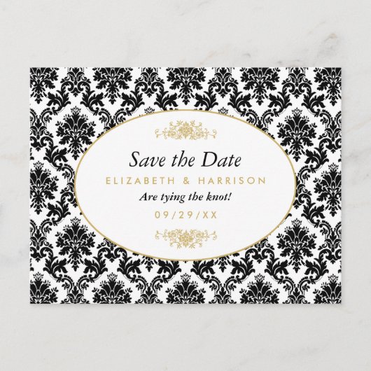 ヴィンテージ金ゴールド、白黒ダマスク日付を保存 案内ポストカード (正面)