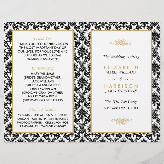 ヴィンテージ金ゴールド、白黒ダマスク結婚式プログラム (正面)