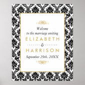 ヴィンテージ金ゴールド、白黒ダマスコウェディングウェルカム ポスター (正面)
