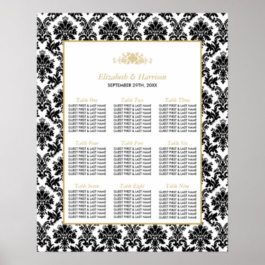 ヴィンテージ金ゴールド、白黒ダマスコウェディングシート ポスター (正面)