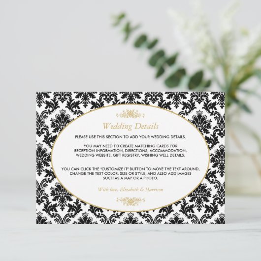 ヴィンテージ金ゴールド、白黒ダマスコウェディング詳細 エンクロージャーカード (スタンド正面)