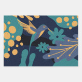 ヴィンテージ金ゴールド、青、ターコイズハチドリ ラッピングペーパーシート (正面2)