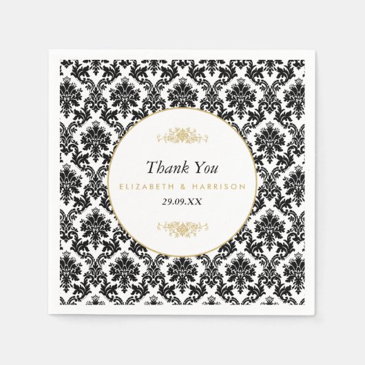 ヴィンテージ金ゴールド、黒と白のダマスコウェディング スタンダードカクテルナプキン (正面)