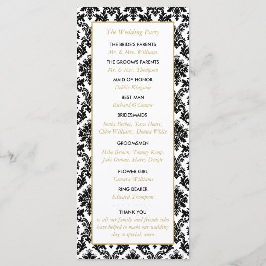 ヴィンテージ金ゴールド、黒と白のダマスコウェディング プログラム (裏面)