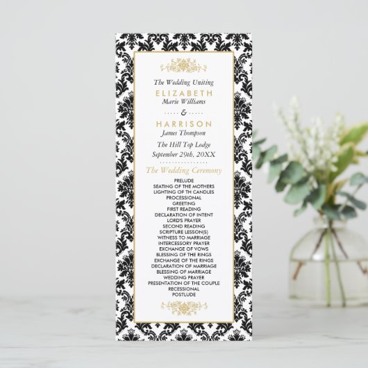 ヴィンテージ金ゴールド、黒と白のダマスコウェディング プログラム (スタンド正面)