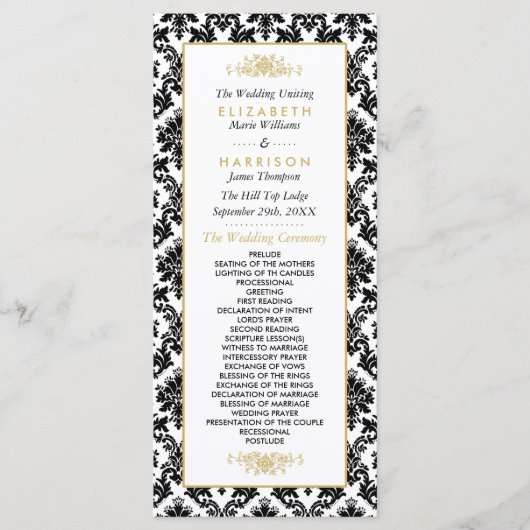 ヴィンテージ金ゴールド、黒と白のダマスコウェディング プログラム (正面)