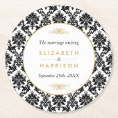 ヴィンテージ金ゴールド、黒と白のダマスコウェディング ラウンドペーパーコースター (正面)