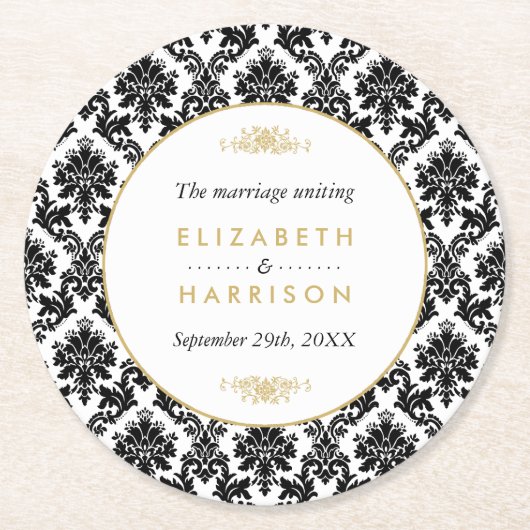 ヴィンテージ金ゴールド、黒と白のダマスコウェディング ラウンドペーパーコースター (正面)