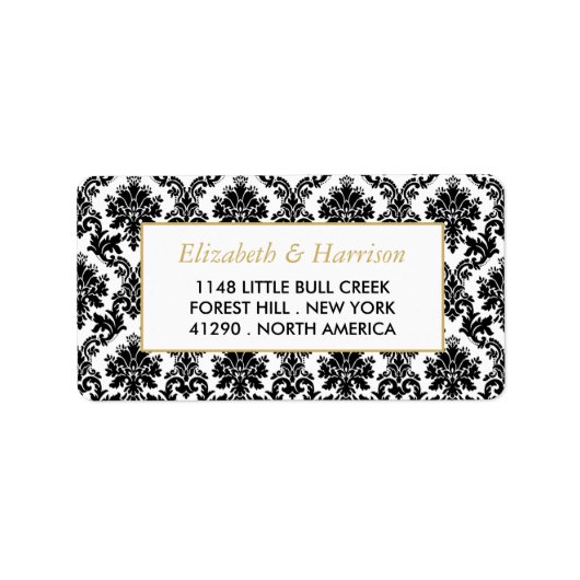 ヴィンテージ金ゴールド、黒と白のダマスコウェディング ラベル (正面)