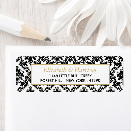 ヴィンテージ金ゴールド、黒と白のダマスコウェディング ラベル (インサイチュ)