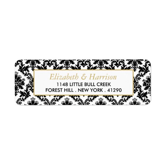 ヴィンテージ金ゴールド、黒と白のダマスコウェディング ラベル (正面)