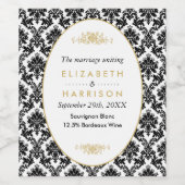 ヴィンテージ金ゴールド、黒と白のダマスコウェディング ワインラベル (シングルラベル)