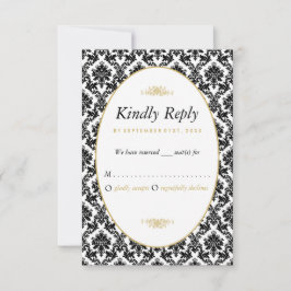 ヴィンテージ金ゴールド、黒と白のダマスコウェディング 出欠カード