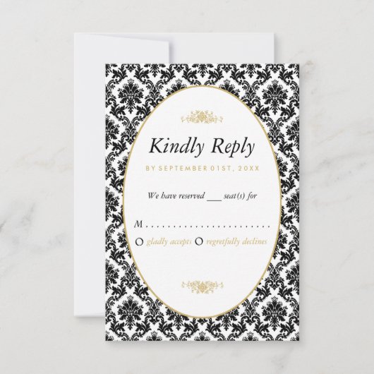 ヴィンテージ金ゴールド、黒と白のダマスコウェディング 出欠カード (正面)