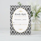 ヴィンテージ金ゴールド、黒と白のダマスコウェディング 出欠カード (スタンド正面)