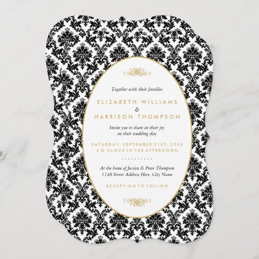 ヴィンテージ金ゴールド、黒と白のダマスコウェディング 招待状 (正面/裏面)