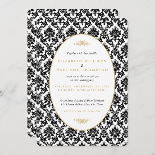 ヴィンテージ金ゴールド、黒と白のダマスコウェディング 招待状 (正面/裏面)
