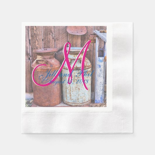 ヴィンテージ金属牛乳缶 モノグラム付きレトロアンティーク 縁ありカクテルナプキン (正面)