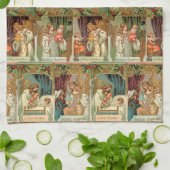 ヴィンテージ金箔の天使、子供と緑 キッチンタオル (折り畳み)