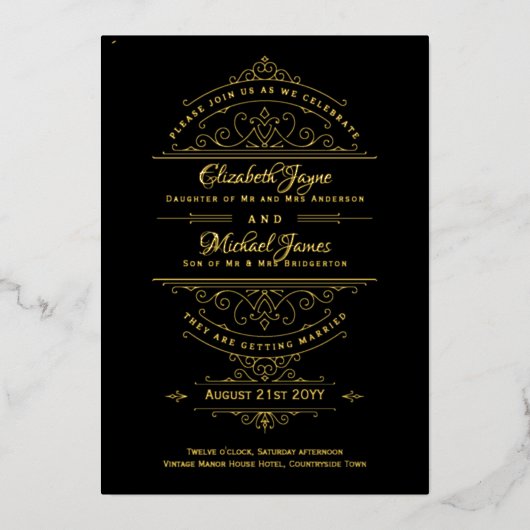 ヴィンテージ金箔クラシックブ華美ラッ結婚ク 箔招待状 (正面)