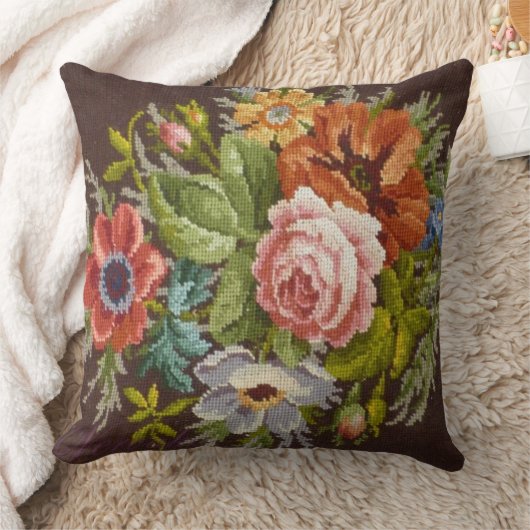 ヴィンテージ針先フローラタペストリー枕 クッション (ブランケット)