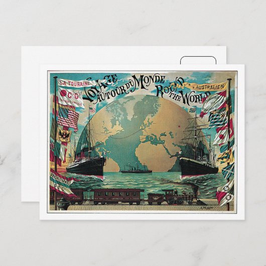 ヴィンテージ鉄道と海上旅行の世界地図と広告 ポストカード (正面/裏面)